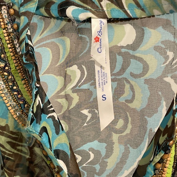 Ocean Breeze Beaded Cover Up Green & Brown Wave Print Small Pre-owned - Picture 4 of 6